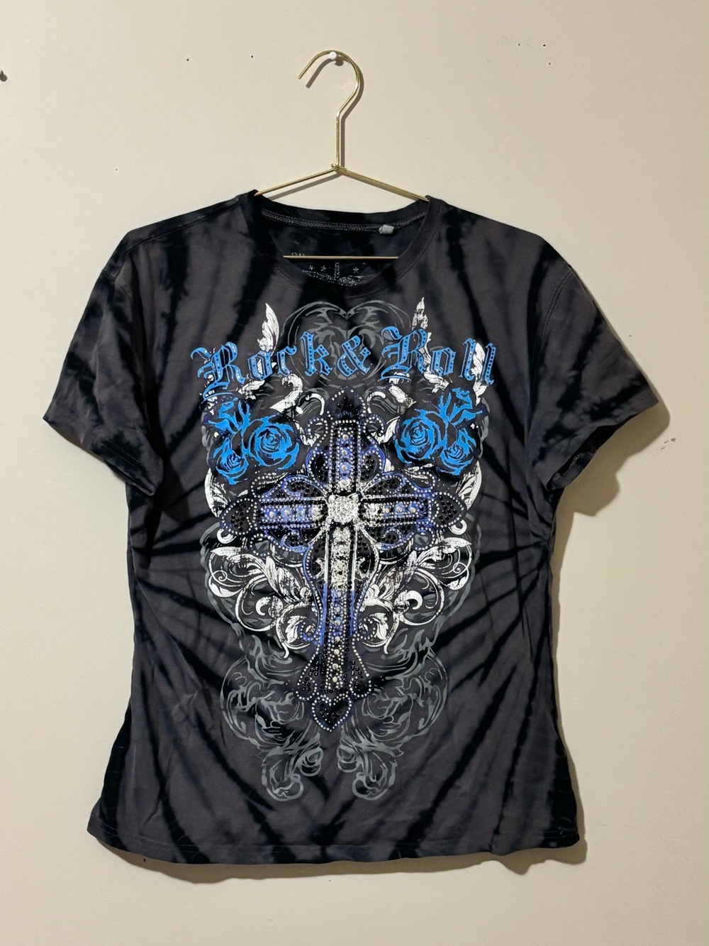 Lucky Brand Y2K Gothic Grunge Rhinestone Cross Tee Black Tie Dye